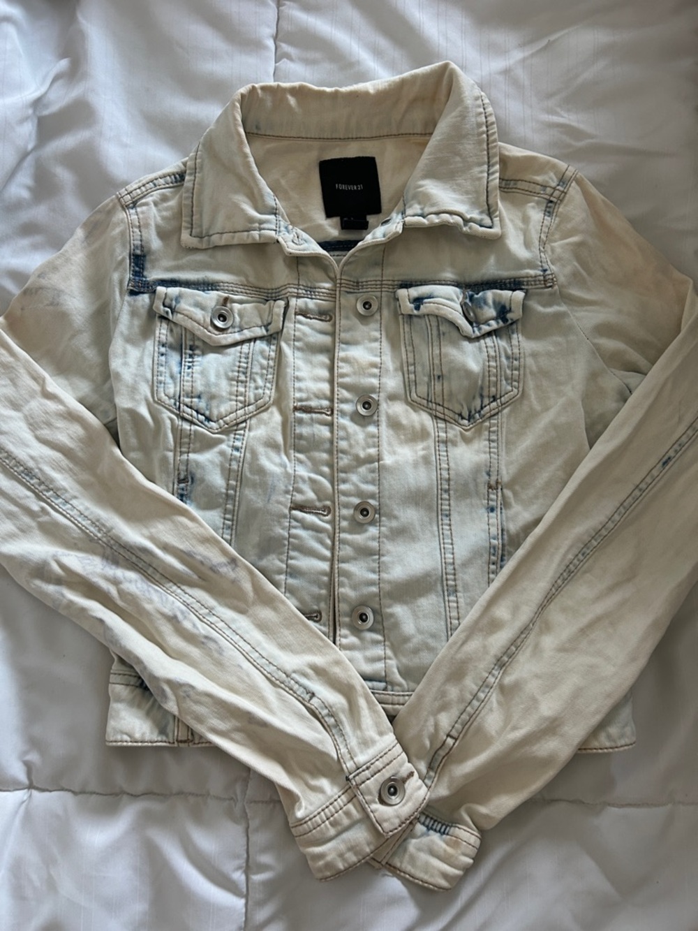 Forever 21 Light Wash Denim Jacket - Cream with Faded Blue Accents